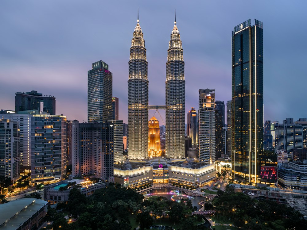 Petronas Twin Towers and the KLCC skyline at dusk